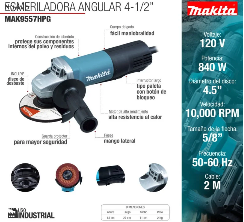 Esmeriladora Angular Mini 4-1/2" 840 W 11,000 Rpm MAKITA 9557HPG
