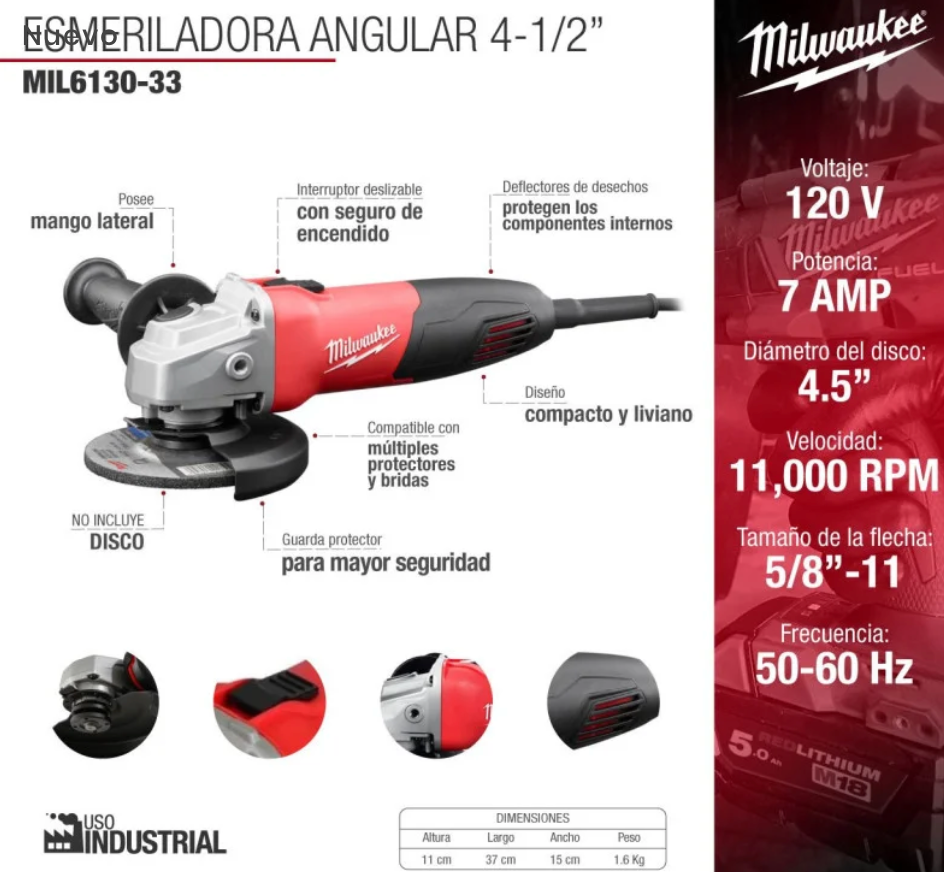 Esmeriladora Angular Mini 4-1/2" 750 W 12,000 Rpm MILWAUKEE 613033